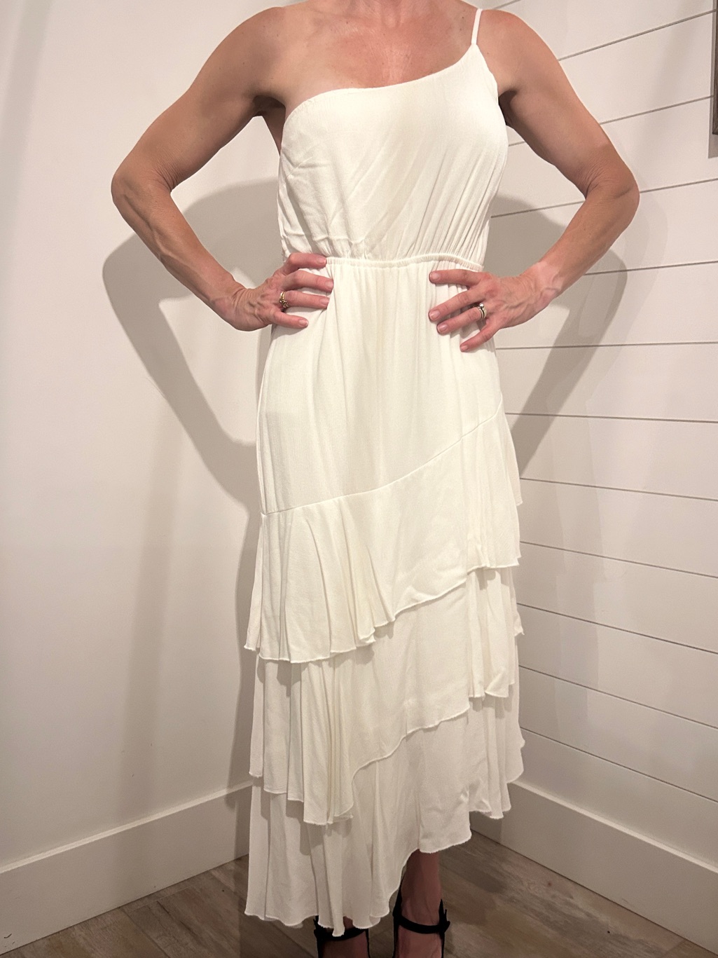 Lulu's One-Shoulder Cream Tiered Midi Dress